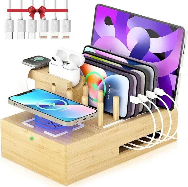 Bamboo Wireless Charging Station for Multiple Devices Wood Docking Station Organizer