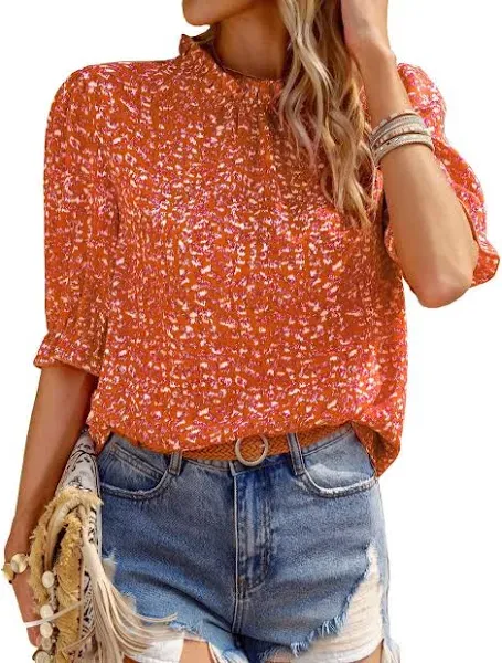 BTFBM Women's Summer Boho Shirt Top Ruffle Short Sleeve Frill Trim Mock Neck Floral Solid 2024 Casual Blouses Shirts Tops