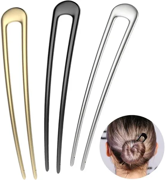 French Hair Pins Metal Hair Forks U Shaped Long Chignon 2 Prong Sticks for Wo...