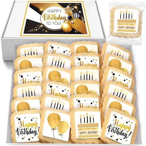 Happy Birthday Cookies Bulk 24 Pack Individually Wrapped Party Favors Food Gold for Men Women Kids Gift Basket