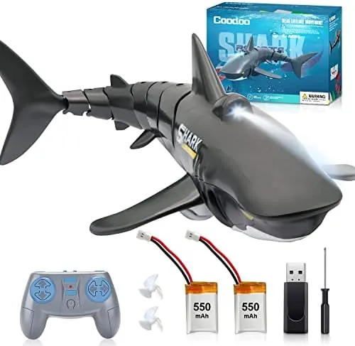 2.4G Remote Control Shark Toy 1:18 Scale High Simulation Shark Shark for Swimming Pool Bathroom Great Gift RC Boat Toys for 6+ Year Old Boys and Girls (with 2 Batteries)