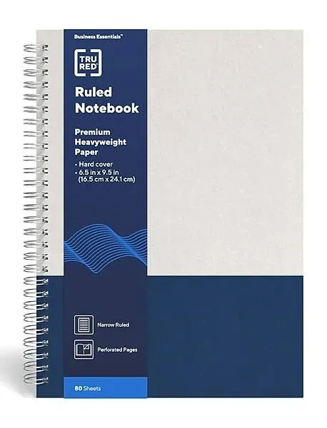 TRU RED Wirebound Hardcover Notebook, 1-Subject, Narrow Rule, Gray/Blue Cover, (80) 9.5 x 6.5 Sheets