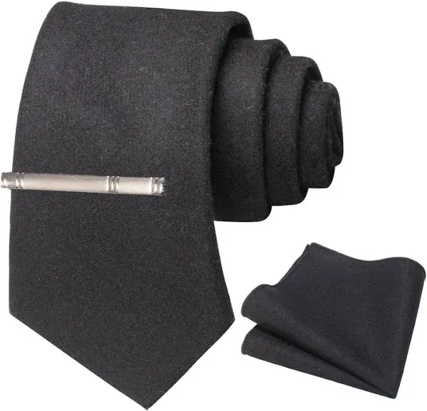 JEMYGINS Solid Color Cashmere Wool Necktie and Pocket Square Tie Clip Sets for Men