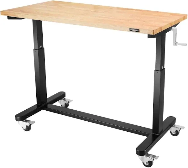 WORKPRO 48” Height Adjustable Work Table with Crank Handle and Casters, 48” x 24” Wooden Top Standing Desk Workbench, Heights from 29”-38”, 500 Lbs Load Capacity for Garage, Office, Home