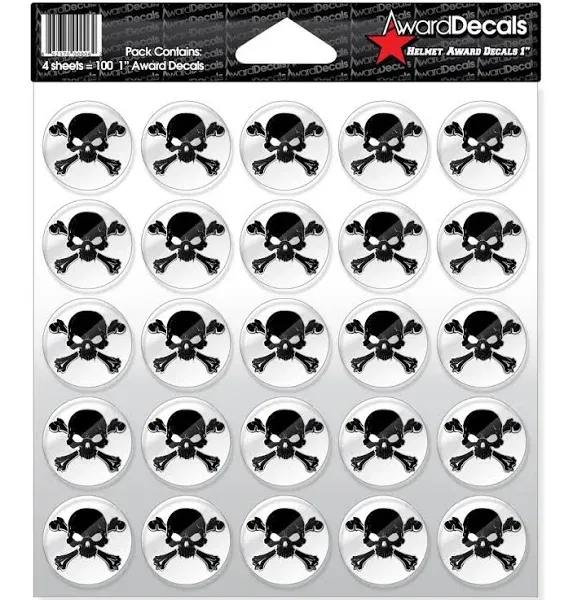 New Skull and Crossbone (Black on Clear) Sticker Set 1" (100 Decals) The Original Award Decals Premium 20mil Thick Helmet Decals Made in The USA Since 1976