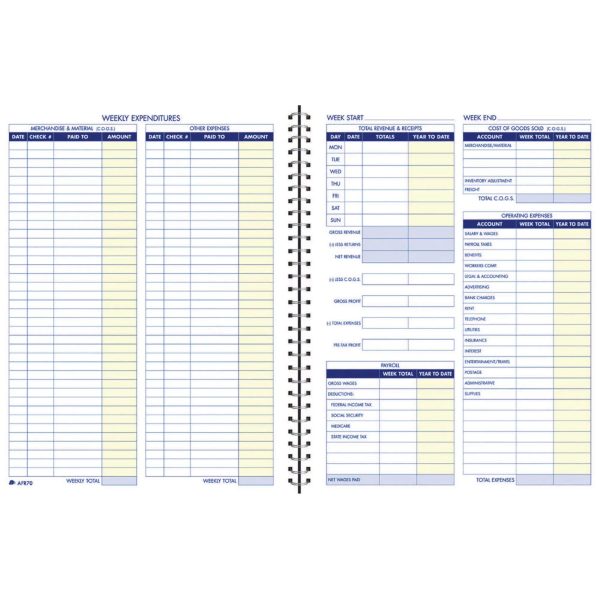  Bookkeeping Record Book, Weekly Format, 8.5 x 11 Inches, White (AFR70) 