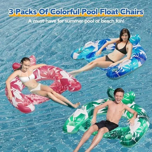 3 Pack Inflatable Pool Floats Chairs with Cupholders &amp; Handles for Adults Kids