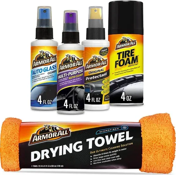 Armor All Car Wash and Car Interior Cleaner Kit, Includes Towel, Tire Foam, Glass Spray, Protectant Spray and Cleaning Spray, Multicolor, 5 Count (Pack of 1)