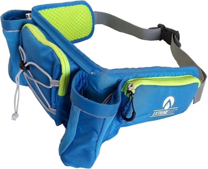 ExtremeMIST Detachable Hydration Waist Pack - Water Bottle Holder Fanny Pack | Belt with 2 Bottle Holders| Zipper Storage Pockets| Perfect for Climbing, Running, Cycling, Jogging, Hiking (Blue, Large)