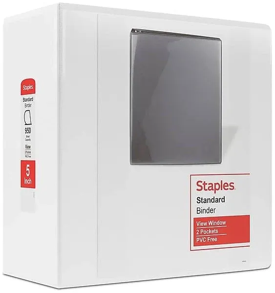 Staples 976179 Standard 5-Inch D 3-Ring View Binder White (26360-Cc)