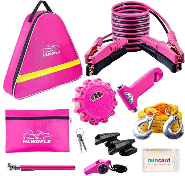 HLWDFLZ Car Emergency Kit, Pink Roadside Assistance Kit with Jumper Cable, To