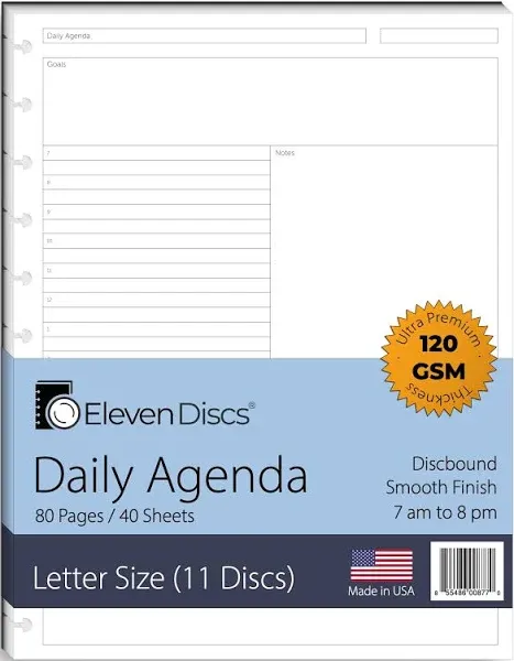 Eleven Discs Discbound Paper,  Letter Size Daily Agenda  Sheets - Premium 120gsm  Heavyweight Notebook & Planner  Refills - 11 Discs,  8.5 x 11 in  - Punched for Circa,  Arc, TUL (40 Sheets)