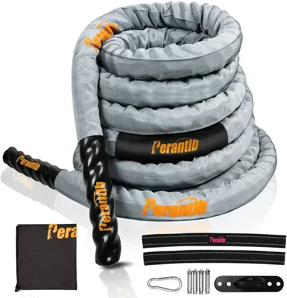 Perantlb Poly Battle Rope with Cloth Sleeve -1.25/1.5/2 Inch Diameter 30' 40' 50' Lengths -Gym Muscle Toning Metabolic Workout Fitness, Battle Ropes for Home Gym