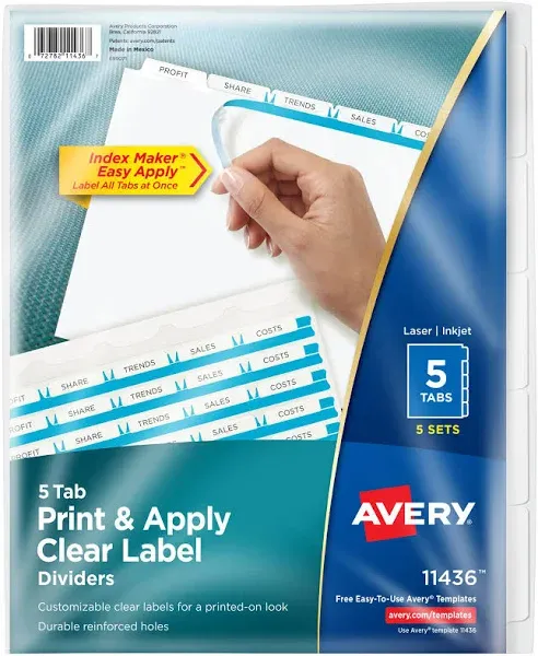 Avery Customizable Index Maker Dividers for 3 Ring Binder, Easy Print & Apply Clear Label Strip, 5 Tab, White, Box Of 50 Sets