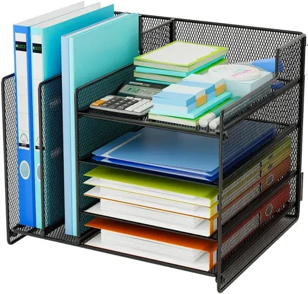 Desk Organizers with File Holder, 4-Tier Mesh Letter Tray Paper Organizer and 2 Vertical File Sorter Desktop File Organizer Office Supplies Storage for Office Home School