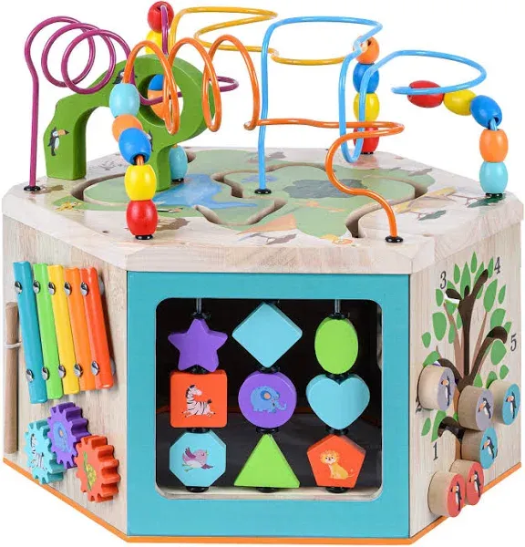 Teamson Kids Preschool Play Lab Large Wooden Activity Learning 7-Sided Cube