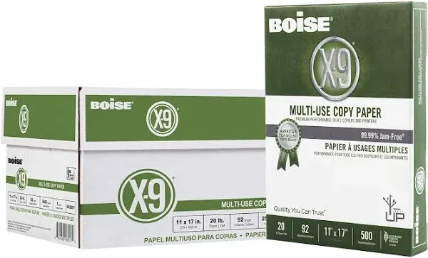 Boise X-9 Multi-Use Copy Paper, 92 Bright, 20lb, 8-1/2 x 11, White, 2500 Sheets/Carton