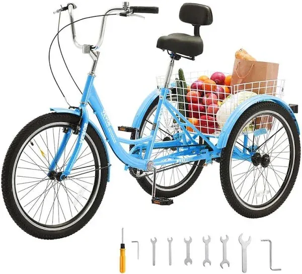 SKYSHALO Adult Three-Wheel Bicycle 1 Speed 20/24/26 Inch Tricycles, Trike with Carbon Steel Frame, Includes Basket & Adjustable Seat, Ideal for Picnic & Shopping, Suitable for Seniors, Women, Men