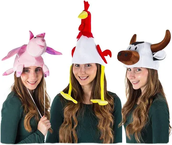  Animal Hat - 3 Pack - Farm Animal Moving Ear Hat - Farm Party - Dress Up - 