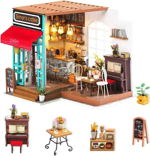 Rolife DIY Miniature Dollhouse Kit Coffee House Wooden Mini House Crafts DIY ...