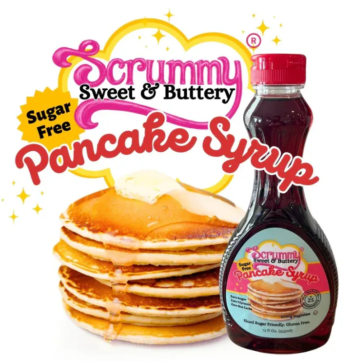 Scrummy Sweet & Buttery Sugar Free Pancake Syrup - Zero Sugar, 0g Net Carbs, Diabetic Friendly, Keto Certfied Breakfast Syrup for Pancakes, Waffles & Chaffles, No Sugar Alcohols, Vegan, Kosher, Gluten Free, Non-GMO Allulose & Organic Flavors - 12 Fl Oz Bo