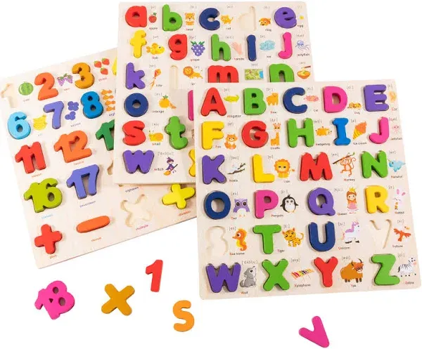 xjyqjd wooden alphabet Puzzle for toddlers 3 in 1 lower case alphabet letter puzzles abc uppercase & lowercase & number puzz