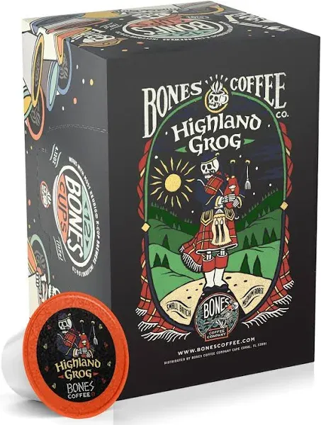 Bones Coffee Company Jamaican Me Crazy and Highland Grog Flavored Coffee 12 ct. Kcups Bundle | Medium Roast Arabica Beans Low Acid Coffee Pods (Ground)