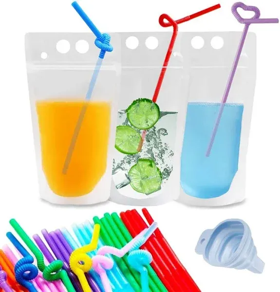 TOPHOUSE 100pcs Drink Pouches for Adults Heavy Duty Hand-Held Translucent Reusable Juice Pouches Smoothie Pouches with 100 Drink Straws Adult Party Favors