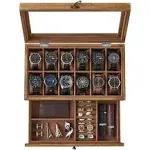 SONGMICS 12-Slot Watch Box, 2-Tier Watch Display Case with Large Glass Lid, Removable Watch Pillows, Velvet Lining, Jewelry Box, Gift Idea, Ebony Black UJOW012B01