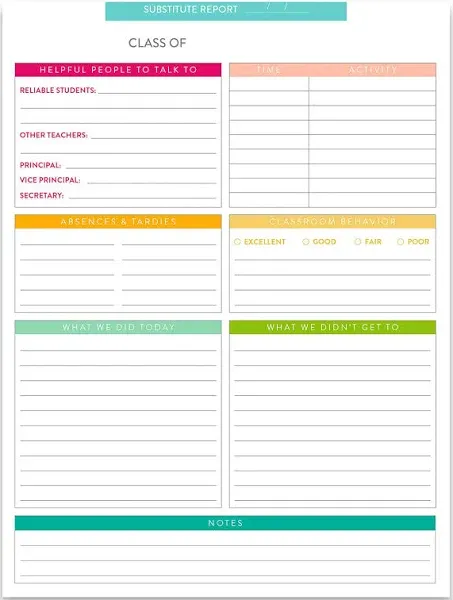 Substitute Teacher Notepad - Preprinted Substitute Teacher Log Report Communi...