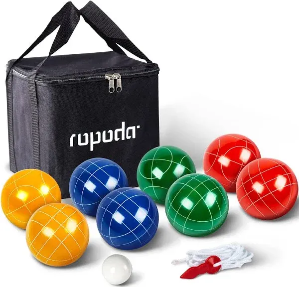 ropoda 90mm Bocce Ball Set with 8 Balls, Pallino, Case and Measuring Rope for Backyard, Lawn, Beach & More