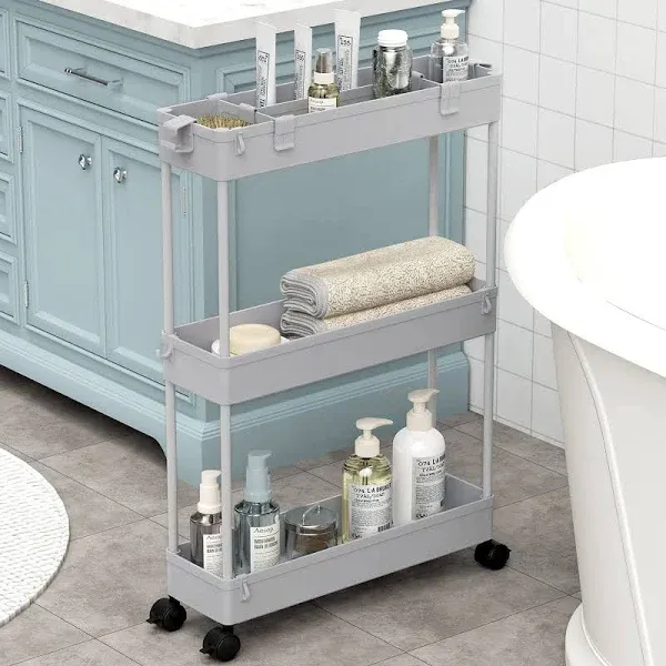 Slim Storage Cart,3 Tier Bathroom Rolling Utility Cart Storage Organizer Slide O