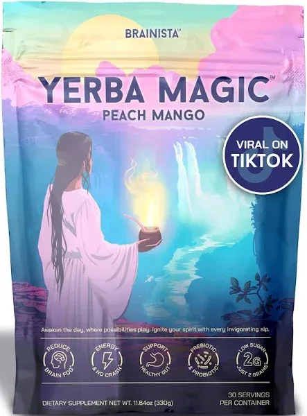 Yerba Mate Instant Tea Powder, 3-in-1 Super Drink - Clean Energy, Brain Fog Buster, and Gut Health Powered by Nootropics, Prebiotics and Probiotics | Yerba Magic Peach Mango 30 Servings