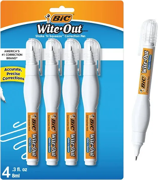 White Out Correction Pen, 8 ML Fluid, Pack of 4, Fast &amp; Easy Office/School Suppl