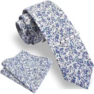 GUSLESON Fashion 2.4"（6cm） Cotton Floral Printed Necktie Tie Clip and Pocket Square Sets + Gift Box