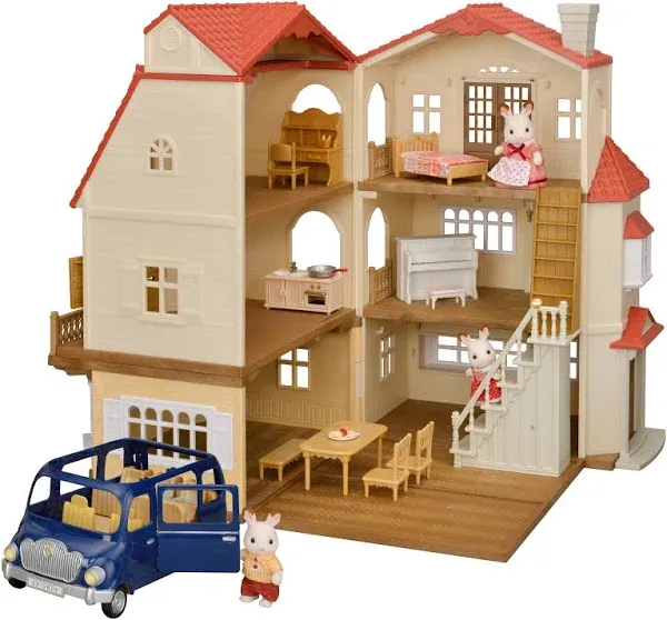 Calico Critters Red Roof Grand Mansion Gift Set, Dollhouse Playset with 3 Figures, Furniture, Vehicle and Accessories