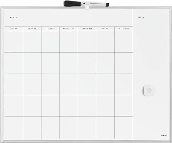 U Brands Magnetic Dry Erase Calendar Board, 20"x16", Silver Aluminum Frame, Includes Magnet and Marker