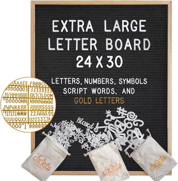 Black Felt Letter Board Oak Frame 24X30 Inch with Gold Letters, Back to School B