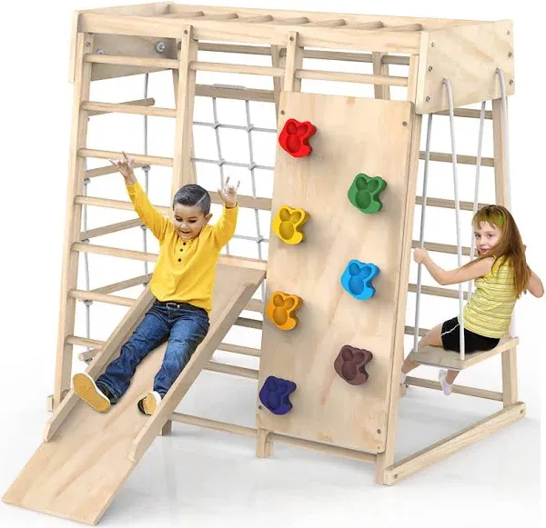 Indoor Jungle Gym, Toddler Climbing Toys Indoor, Indoor Playground Climbing Toys for Toddlers, Climber Playset with Slide, Climbing Rock/Net, Monkey