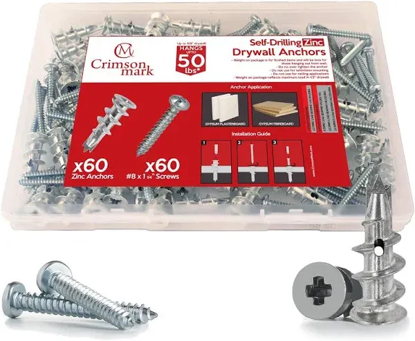 CrimsonMark 120Pcs Zinc Self Drilling Drywall Anchors and Screws Kit