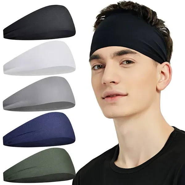 Sports Headbands for Men (5 Pack),Moisture Gray, Green, White, Blue, Black