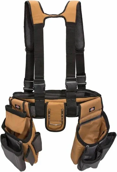 Dickies 4-Piece Carpenter's Rig, Padded Tool Belt Suspenders, Cooling Mesh, Tool Belt, Steel Buckle, Grey/Tan, 3.8 lb