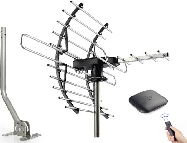 PIBIDI Digital HD TV Antenna, Amplified Attic/Outdoor Antenna, 360 Degree Rotation Wireless Remote, 4K 1080P VHF UHF, Mounting Pole Included, 200 Miles Range