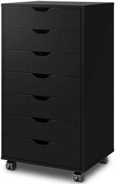 DEVAISE 7-Drawer Chest, Wood Storage Dresser Cabinet with Wheels, Black