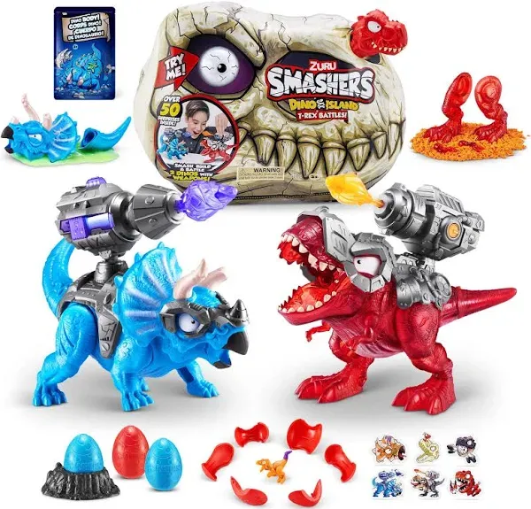 Smashers Dino Island T-Rex Battles (Red Version) by ZURU 50+ Surprises Boys Collectible Dinosaur T-Rex Triceratops Surprise Slime Sand Compounds Discovery