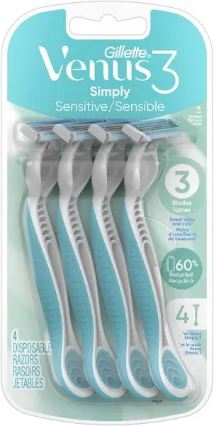 Gillette Venus Simply 3 Sensitive Women's Disposable Razors, Pack of 1 with 4 razors