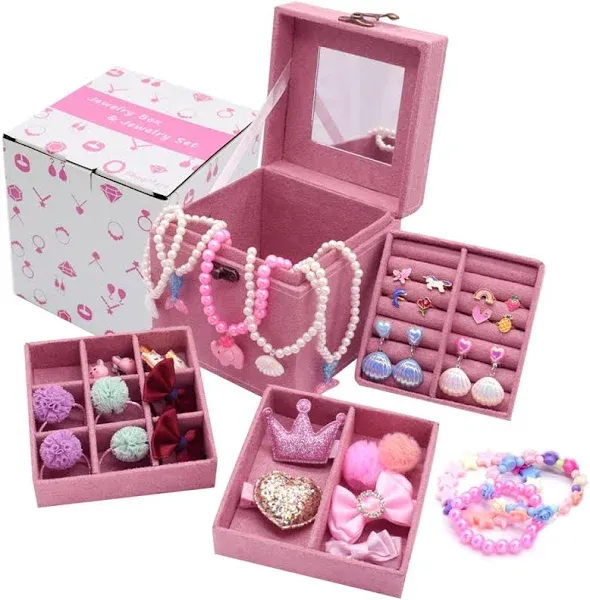 Little Girl Kids 3 Layer Lint Jewelry Box with Mirror and 35 Pieces Girl Princess Jewelry Dress Up Accessories Toy Playset Set