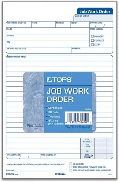 Job Work Order, Three-part Carbonless, 5.66 X 8.63, 50 Forms Total