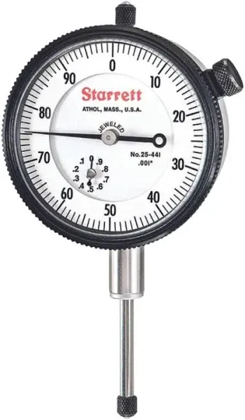 Starrett 25 Series Dial Indicator with Jewel Bearings and Lug-On-Center Back - White Face, 0-1.000" Range, 0-100 Dial Reading, .001" Graduations - 25-441J