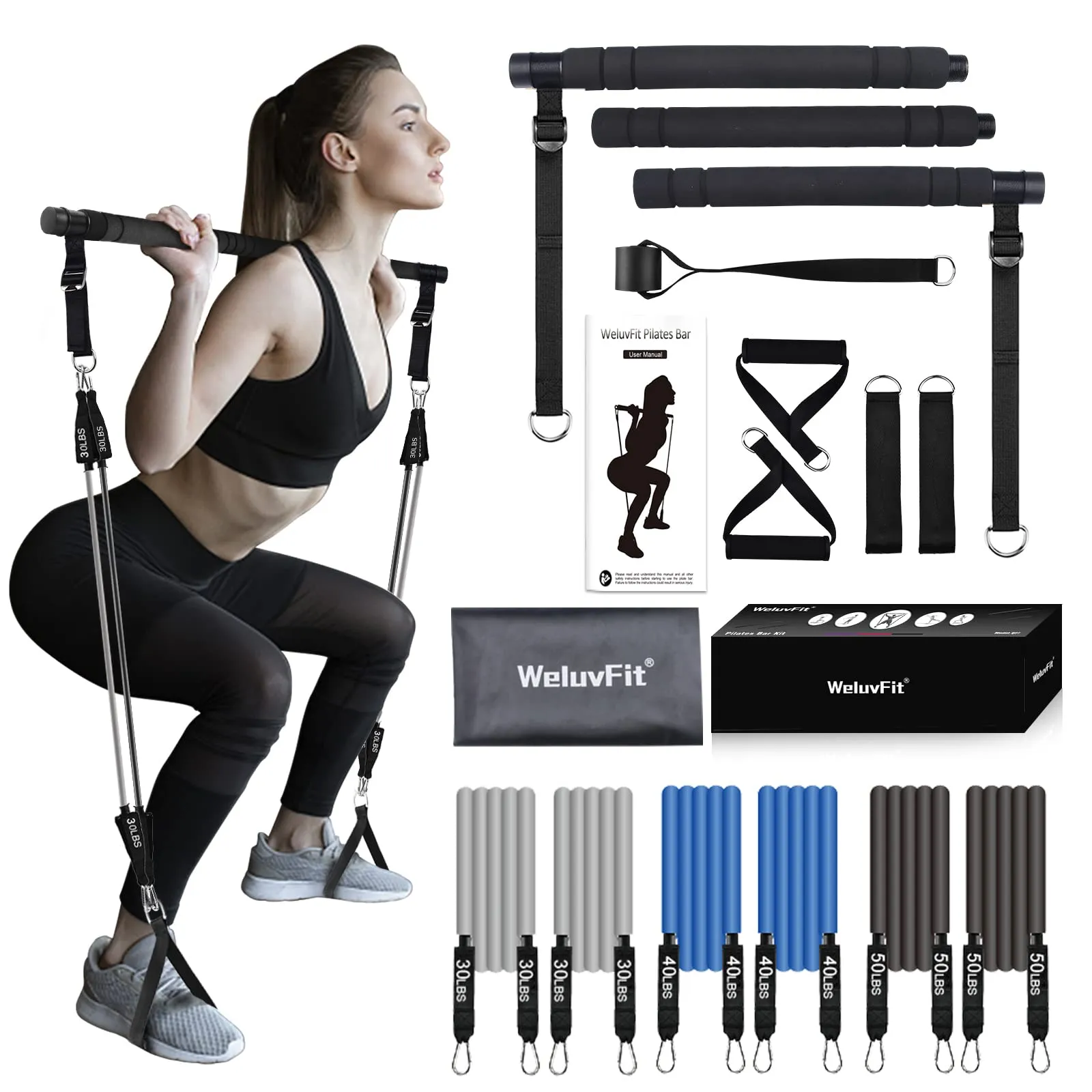 Pilates Bar Kit with Resistance Bands, WeluvFit Portable Exercise Fitness Equipment for Women & Men, Home Gym Workout Stick Squat Yoga Flexbands Kit